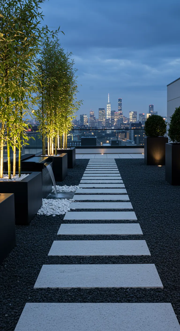Terraza zen moderna con sendero iluminado, bambú en maceteros y el skyline de la ciudad de fondo.