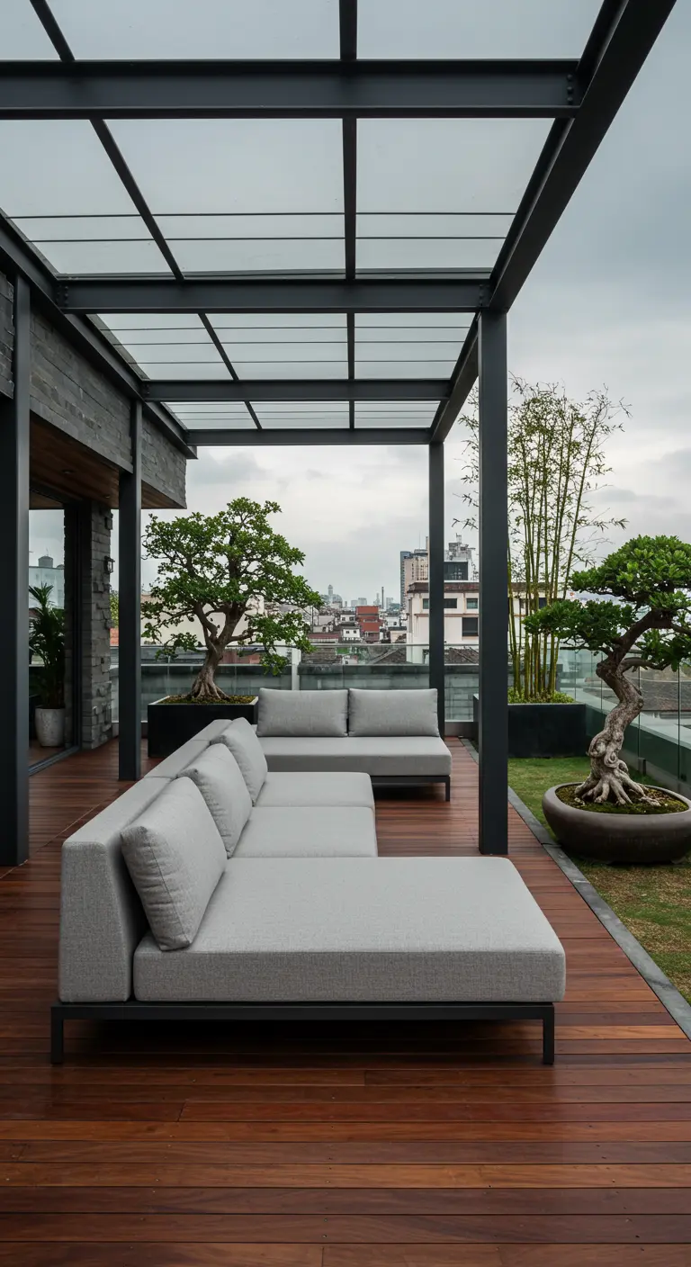 Azotea moderna con sofás grises minimalistas, suelo de madera y bonsáis.