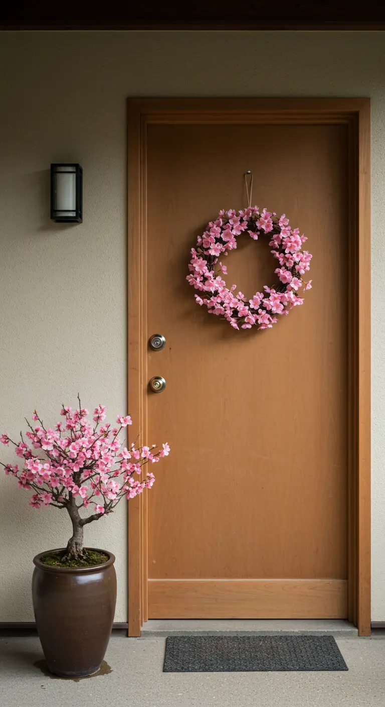 Entrada minimalista de inspiración japonesa con una corona de flores de cerezo y un pequeño cerezo en maceta
