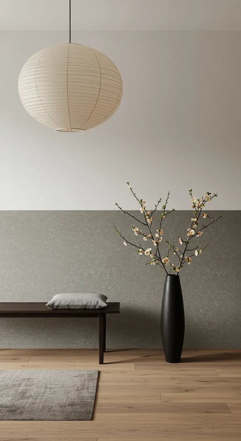 Entrada de estilo zen con pared bicolor texturizada en gris y una lámpara de papel.