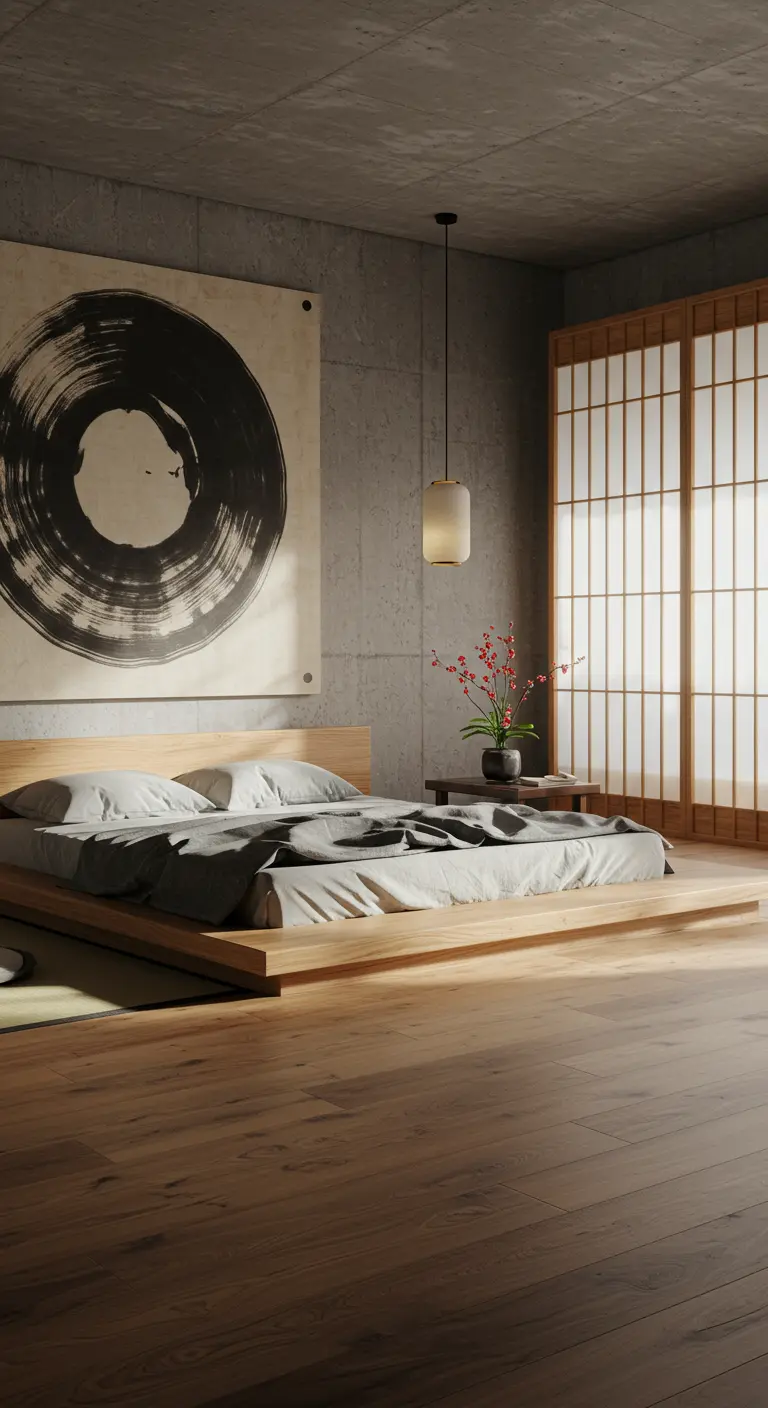Dormitorio de inspiración japonesa con cama baja de madera y paneles Shoji