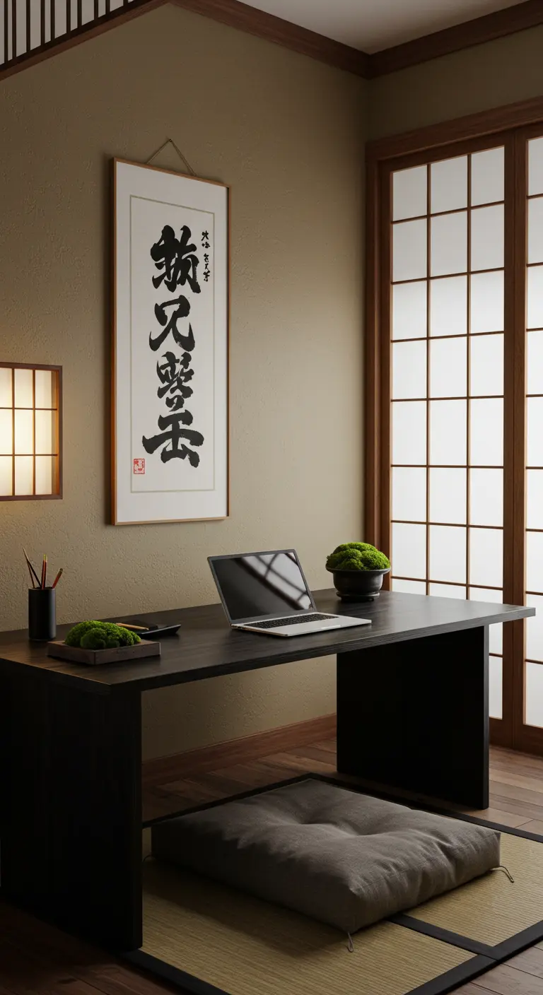 Estudio de inspiración japonesa con un escritorio bajo, cojín en el suelo y un cuadro de caligrafía