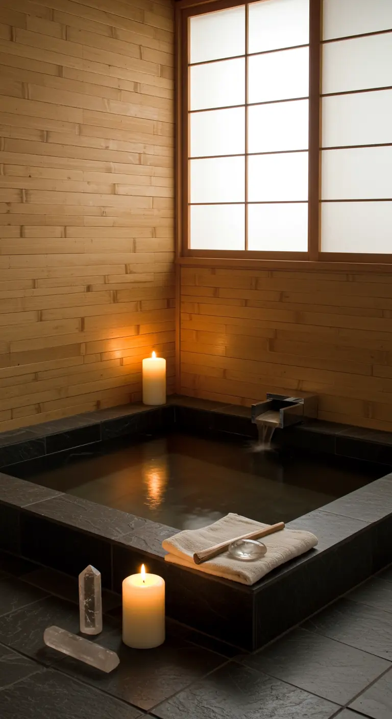 Baño de estilo japonés con bañera de piedra, velas blancas y cristales de cuarzo.