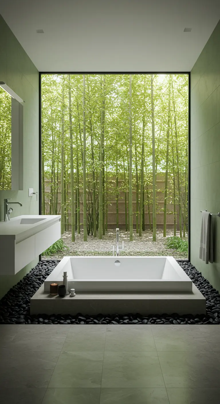 Baño minimalista con una gran ventana que da a un jardín de bambú
