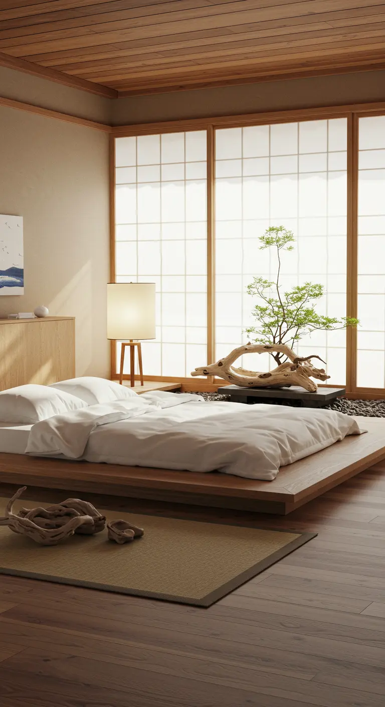 Dormitorio de estilo Japandi con cama baja de madera, paneles shoji y un bonsái.