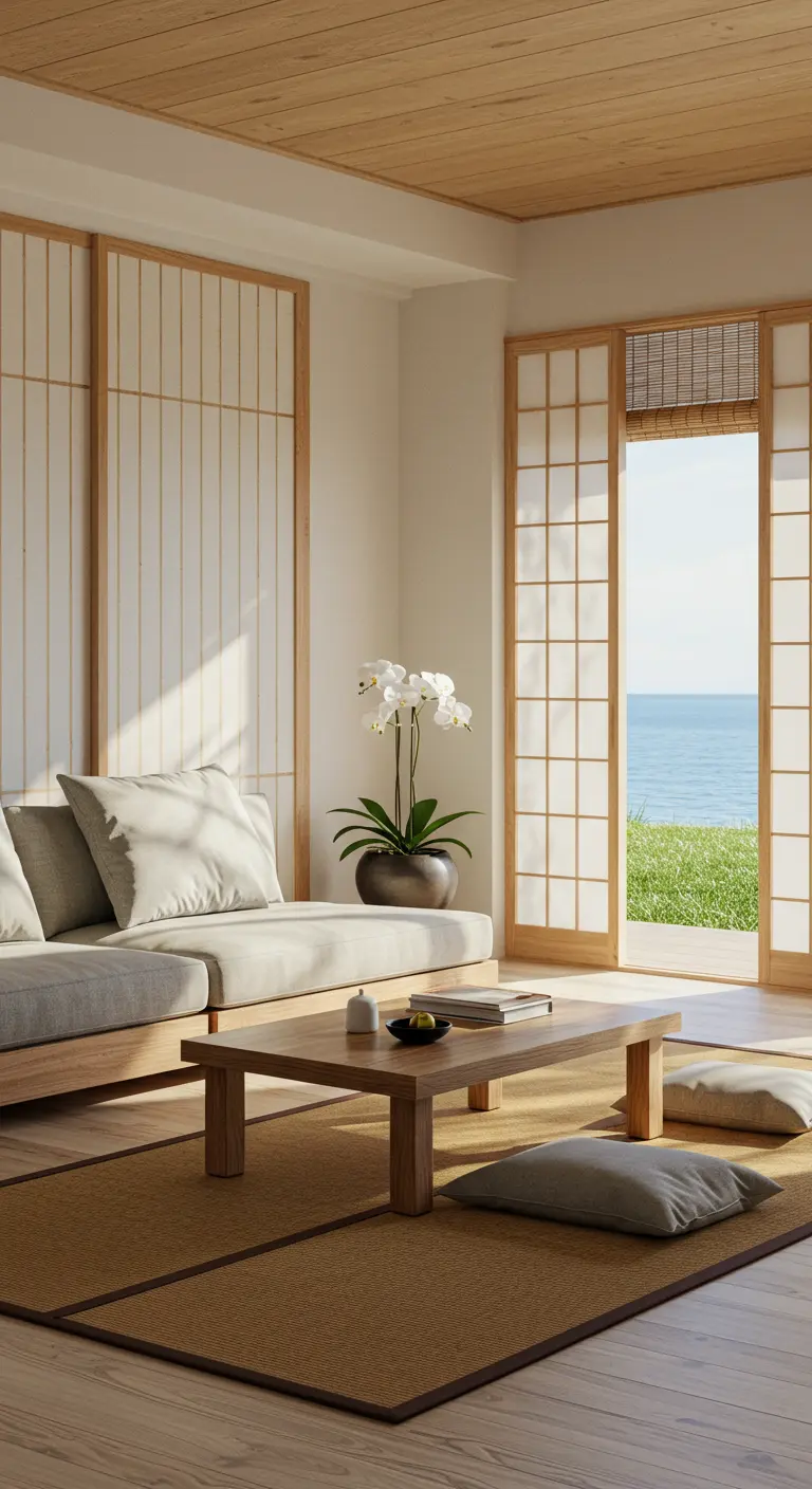 Salón de inspiración japonesa con paneles shoji, sofá bajo y vistas al mar.