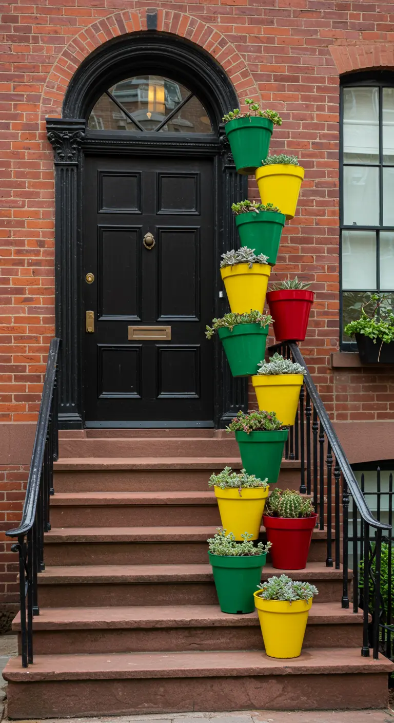Escalera de entrada a un edificio de ladrillo con macetas de colores colgando de la barandilla.