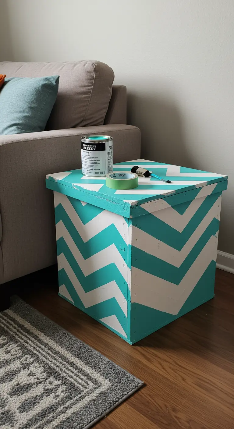 Caja de madera de pallet pintada con un patrón de chevron en blanco y turquesa.