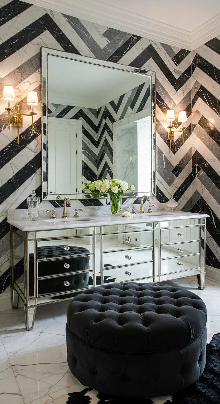 Baño glamuroso con paredes de mármol en patrón chevron, tocador de espejo y detalles dorados