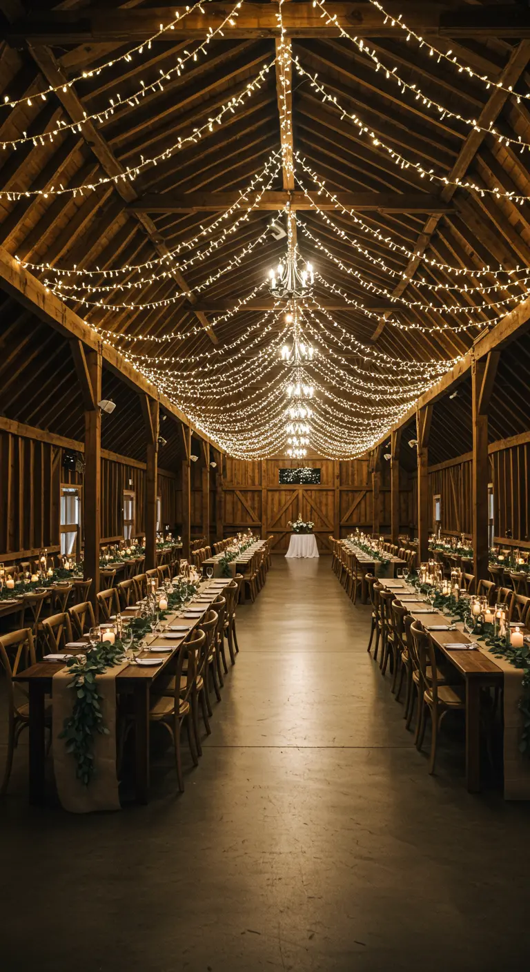 Salón de bodas rústico en un granero con luces colgando de las vigas de madera.
