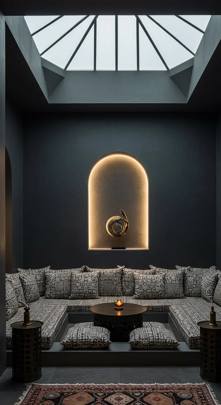 Salón hundido moderno con cojines de patrón geométrico y un nicho en arco iluminado.