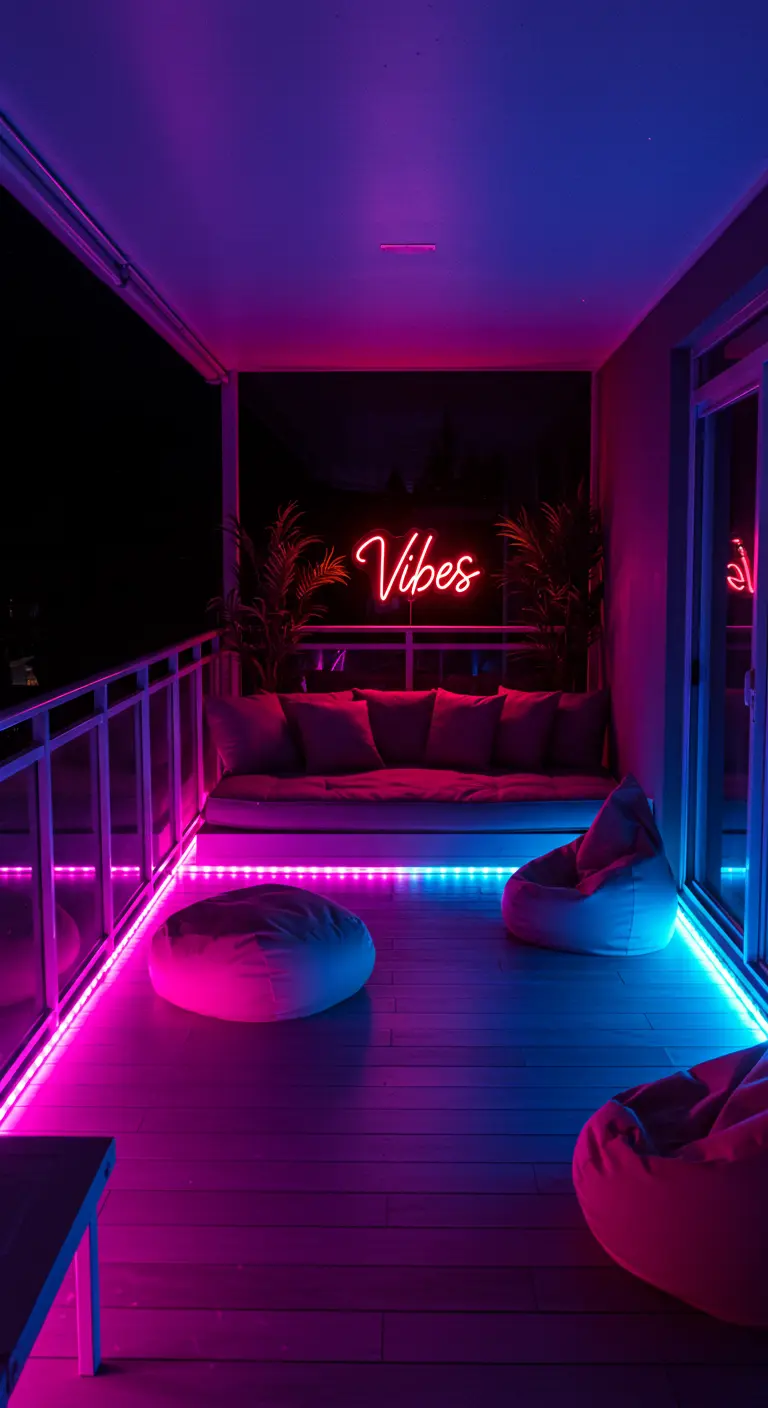 Balcón con un gran sofá y pufs, iluminado con tiras LED azules por abajo y fucsias por arriba