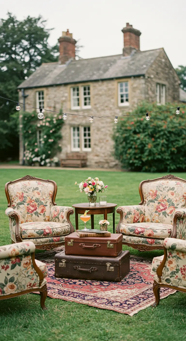 Zona de descanso en una boda con maletas vintage como mesa y sillones florales.