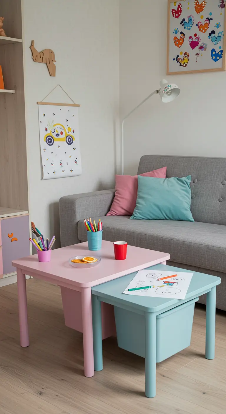 Mesas nido infantiles en rosa y azul pastel con cajas de almacenaje integradas