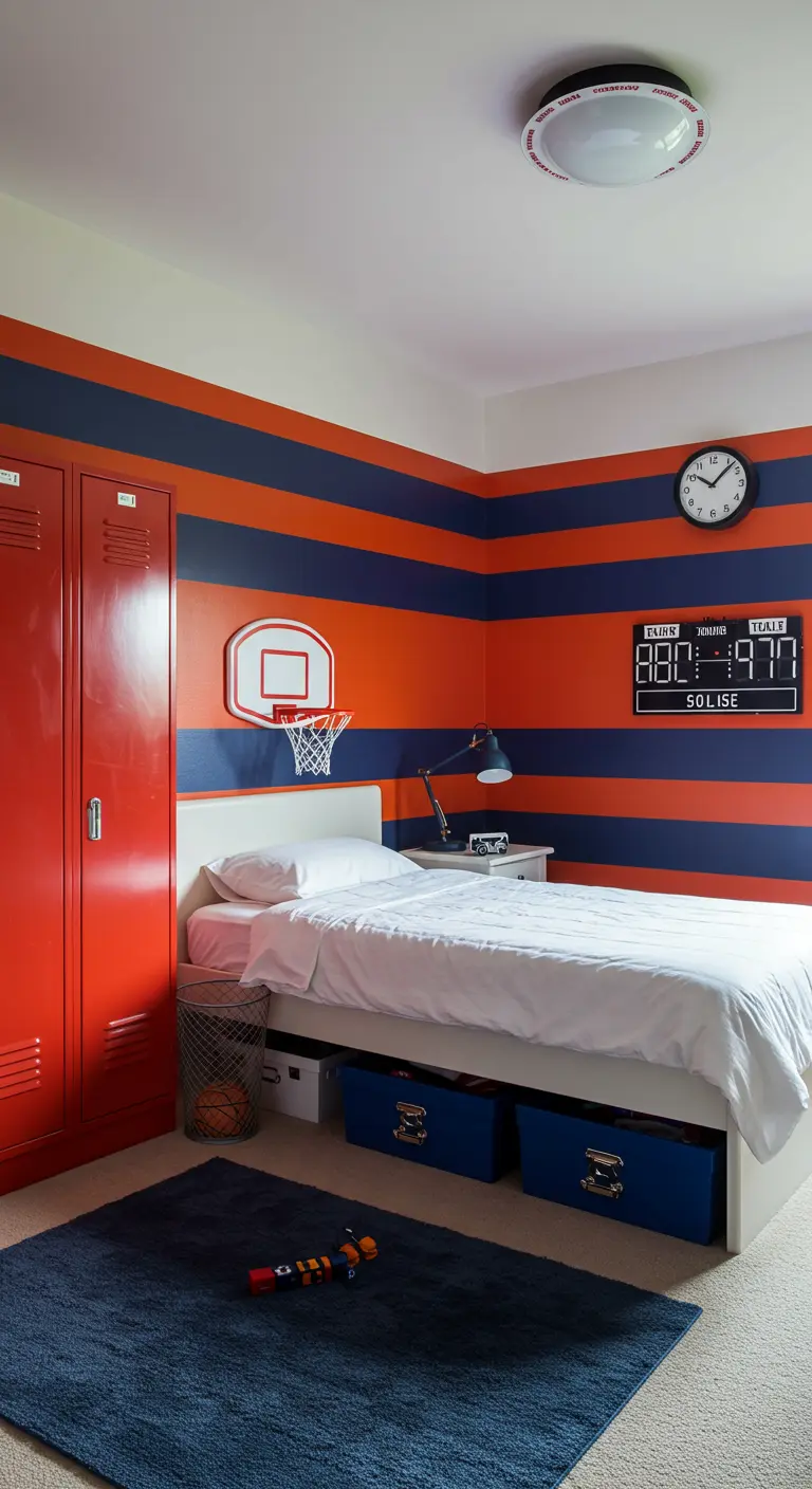 Habitación juvenil con temática de baloncesto, paredes a rayas naranjas y azules, y un casillero rojo.