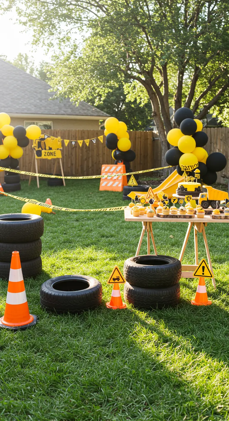 Fiesta de cumpleaños infantil con temática de construcción en un jardín.