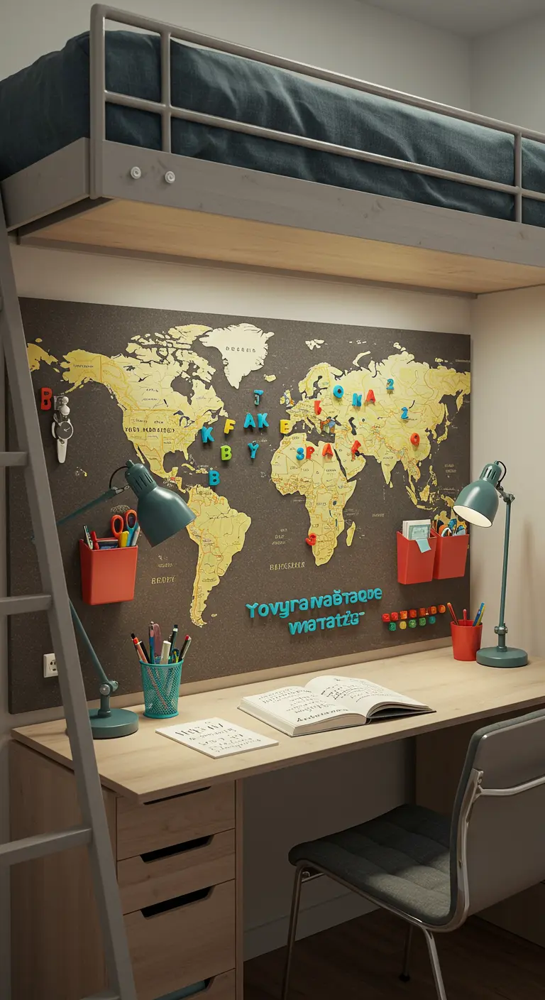 Escritorio bajo una cama alta con un gran mapa de corcho en la pared para interactuar.