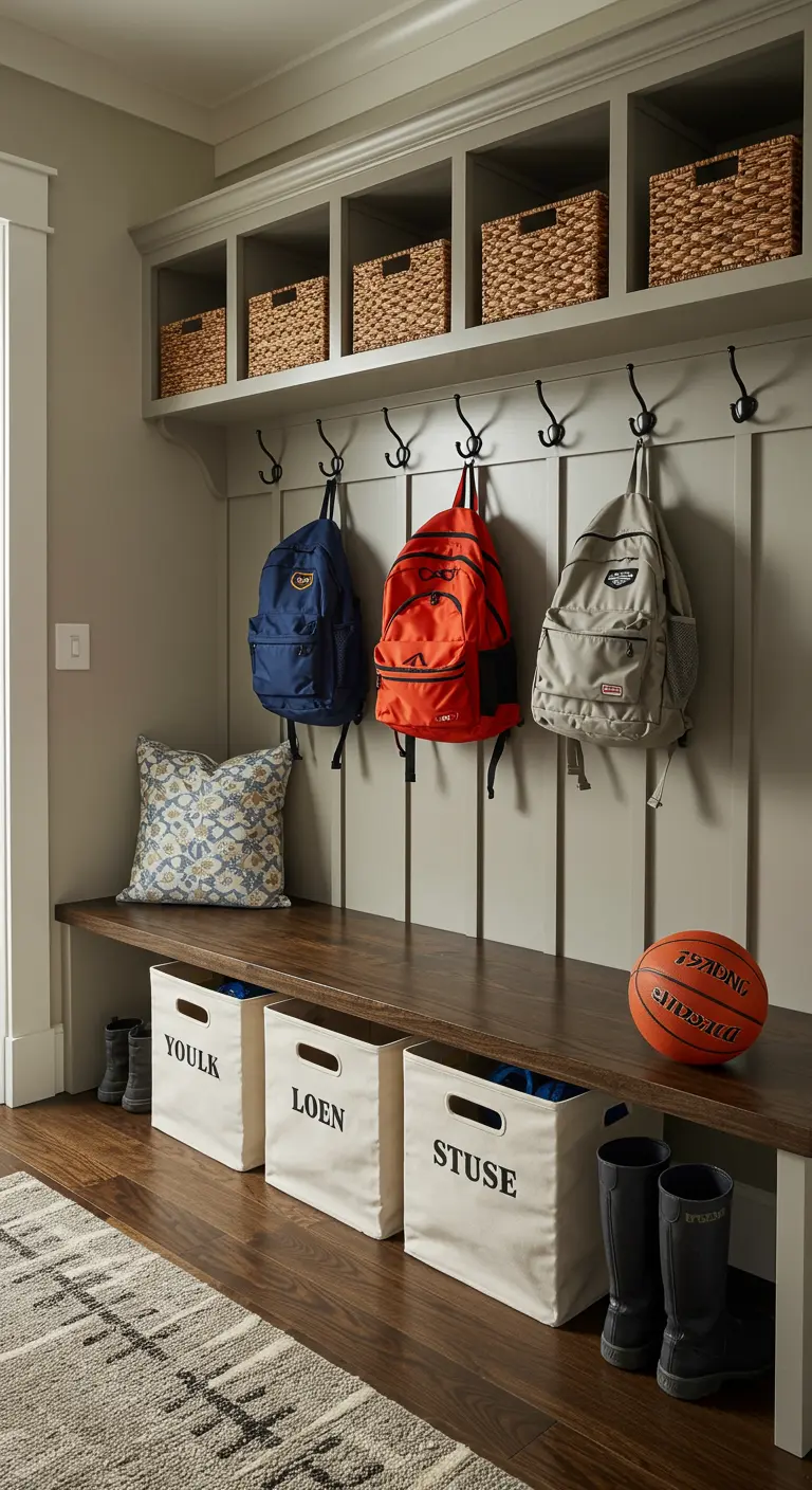 Recibidor familiar con mueble a medida, banco de madera y cestas de tela personalizadas para niños.
