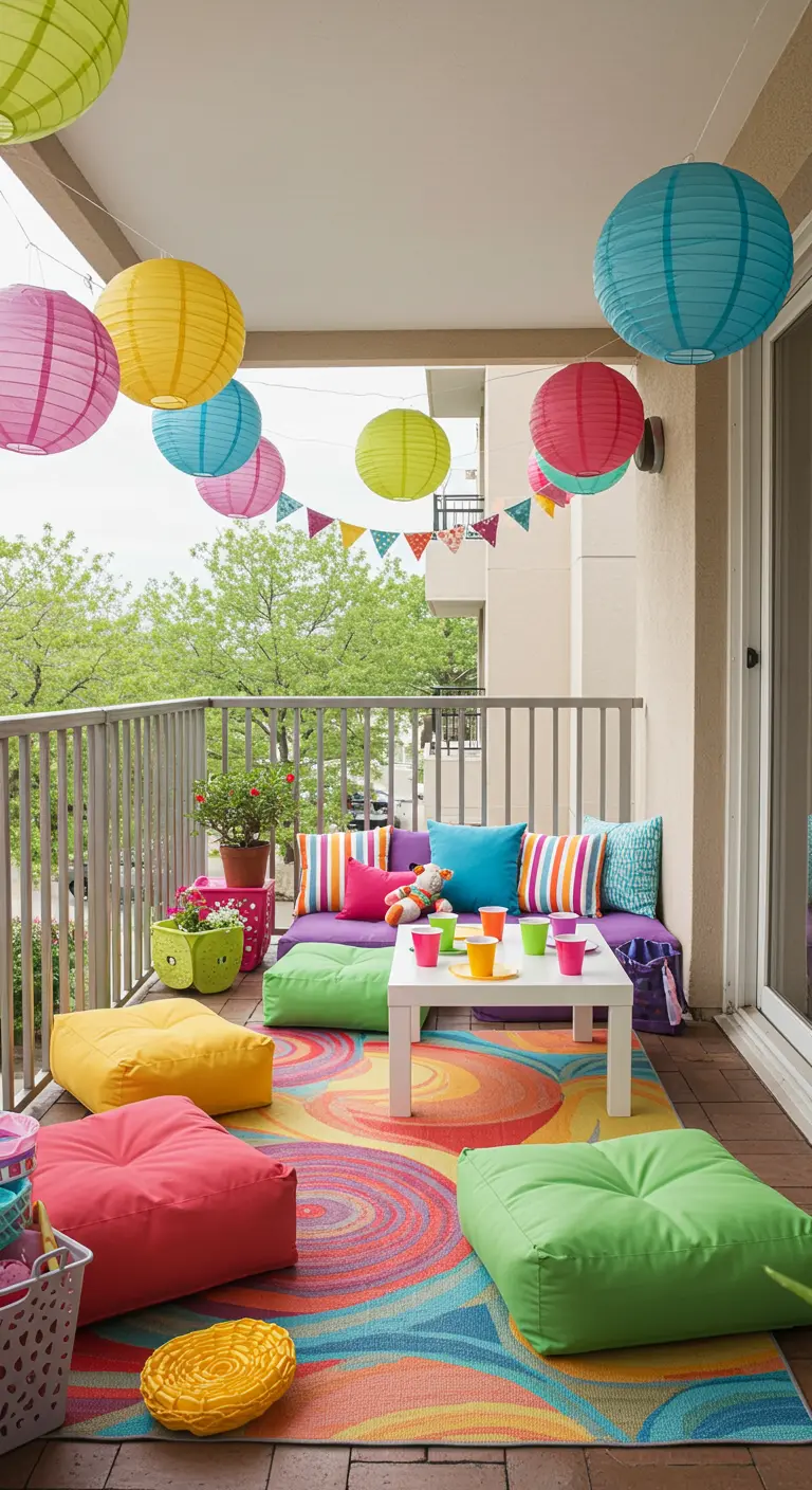 Balcón infantil con pufs de colores, alfombra vibrante y lámparas de papel multicolores