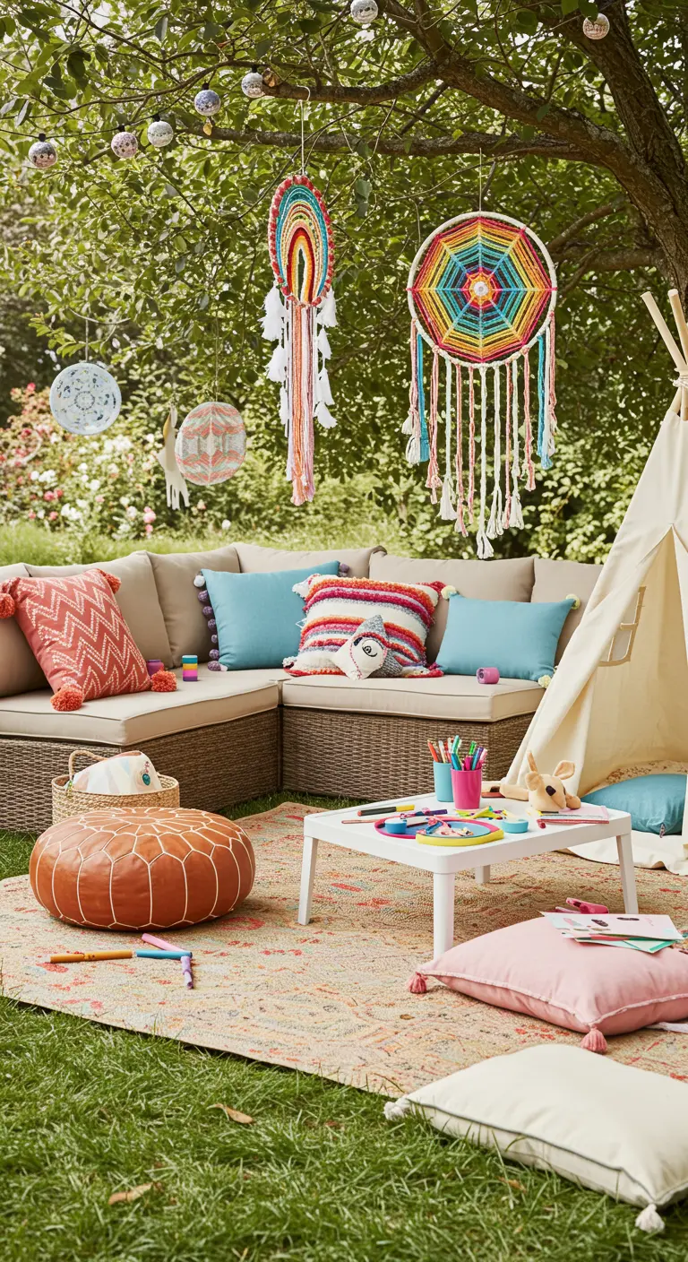 Zona de juegos infantil en el jardín con tipi, sofá, cojines de colores y atrapasueños arcoíris