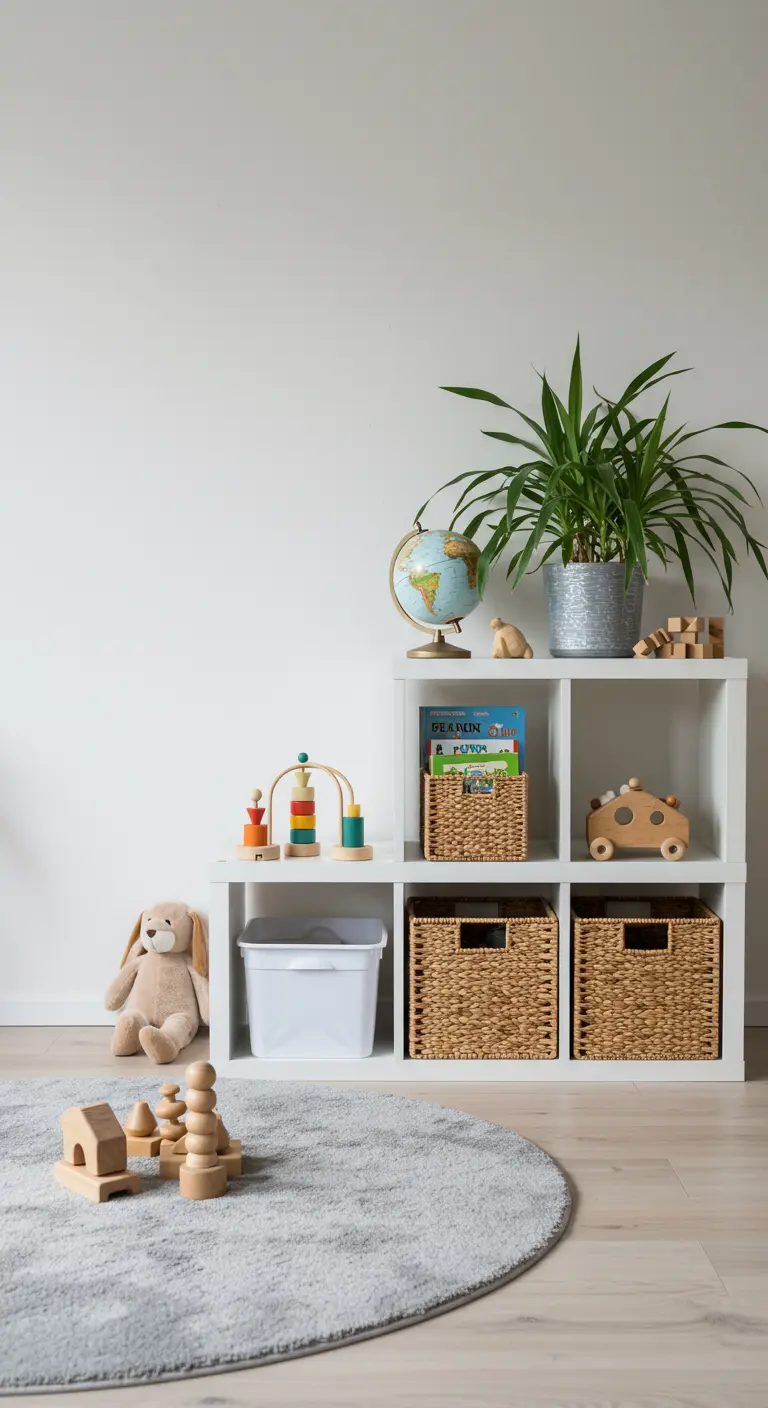 Rincón de juegos con estantería KALLAX blanca, cestas de mimbre y juguetes de madera.