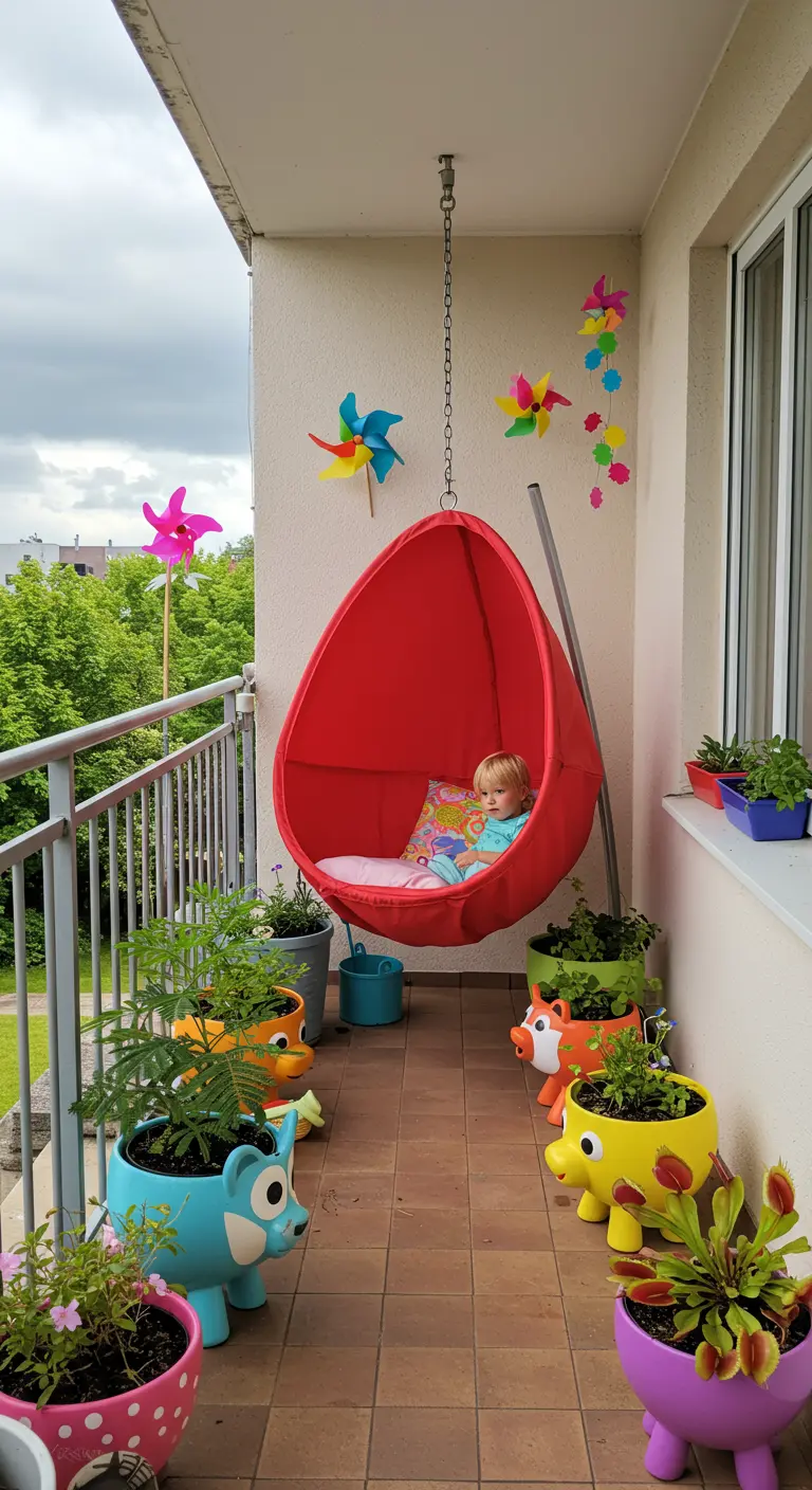 Balcón infantil con una silla colgante roja, macetas con forma de animales y molinillos de viento de colores