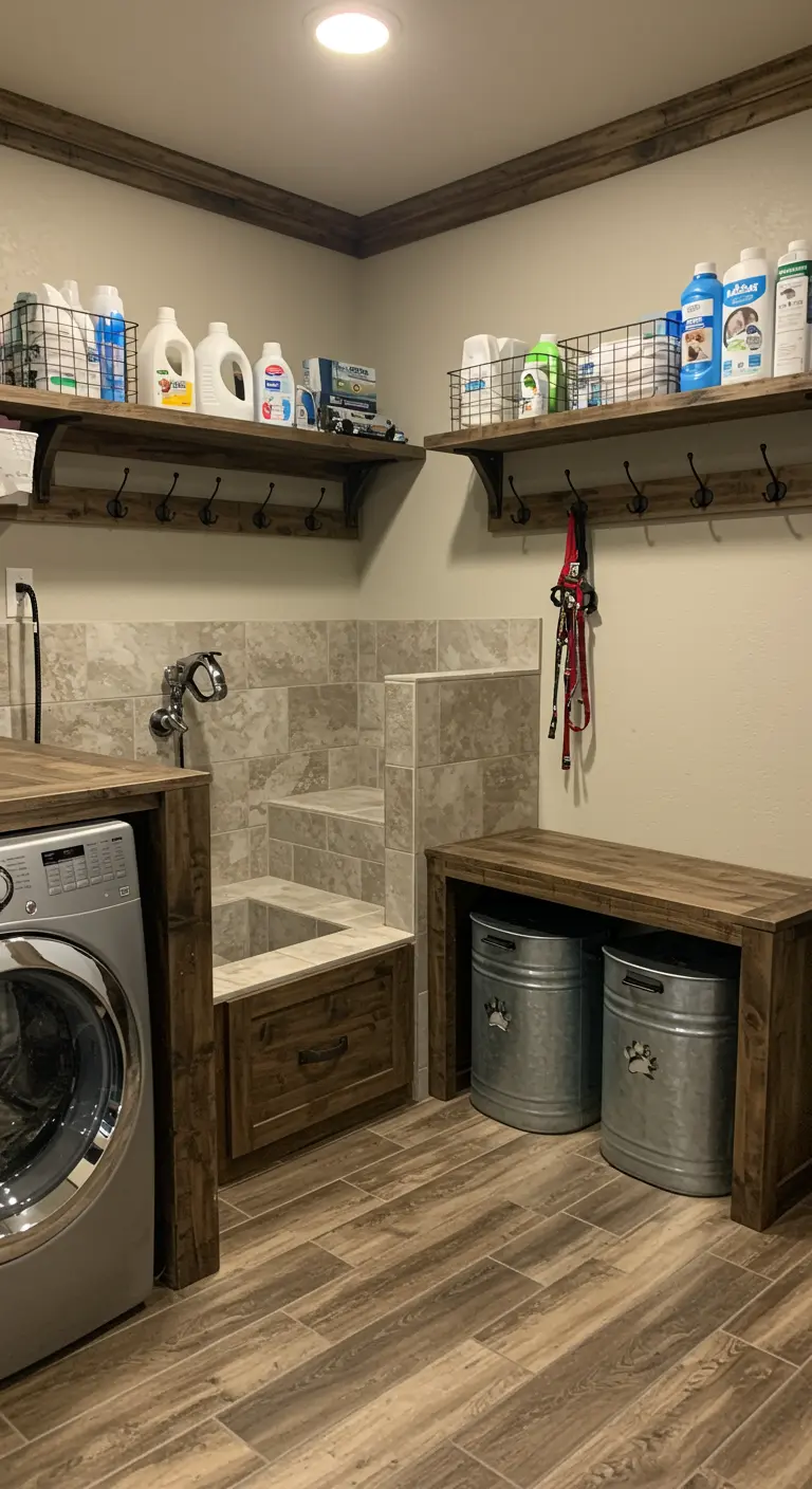 Lavandería rústica que incluye una estación de lavado para perros con azulejos y escalones.