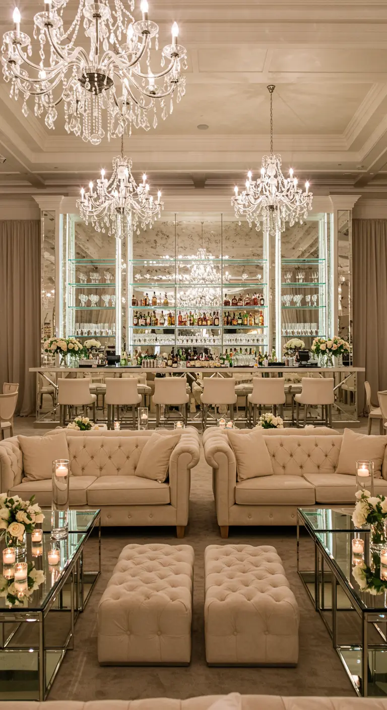 Zona lounge de boda elegante con sofás de capitoné beige y una gran barra con espejos.
