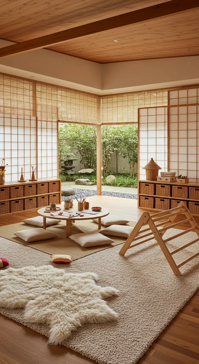 Rincón de arte infantil con mesa baja, cojines y vistas a un jardín japonés.