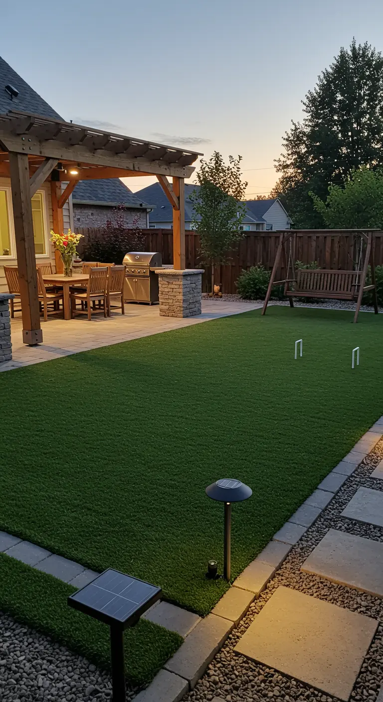 Patio con zona de comedor bajo pérgola y césped artificial con un columpio de madera