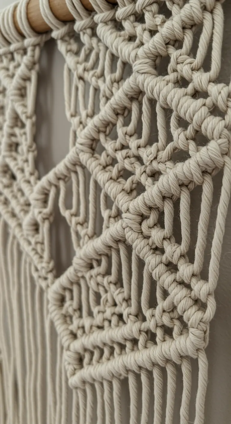 Plano detalle de un tapiz de macramé, mostrando la textura y la estructura de los nudos.