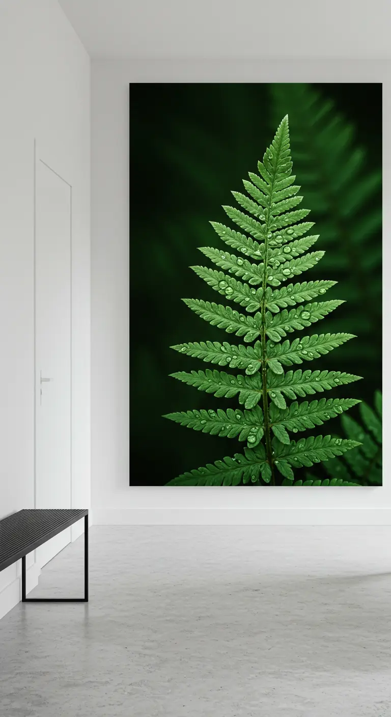 Lienzo vertical gigante con la fotografía macro de una hoja de helecho en un pasillo minimalista