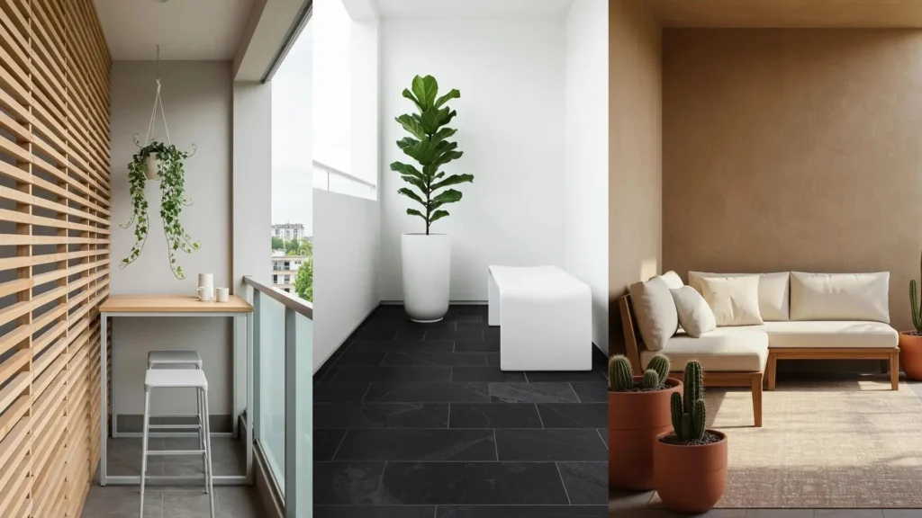 Tres balcones minimalistas con decoración chic en tonos neutros, incluyendo plantas y mobiliario sencillo para exteriores.