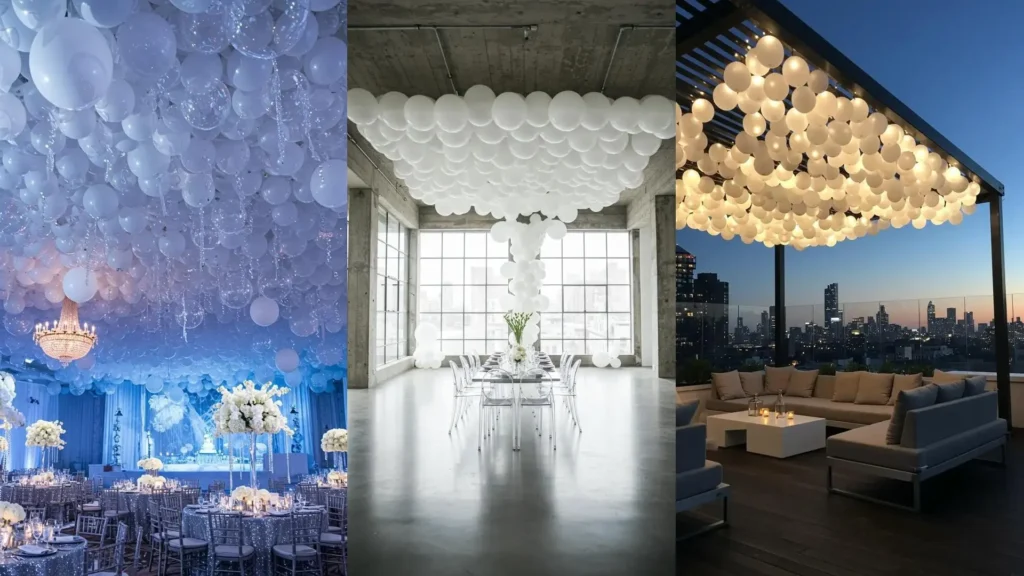 Decoración de cumpleaños: tres impresionantes techos cubiertos de globos blancos para un ambiente mágico.
