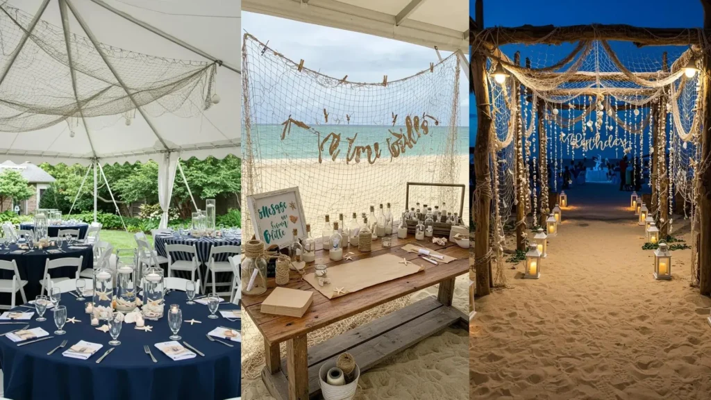 Decoración de 16 cumpleaños estilo playa con redes marinas, conchas y mesas elegantemente adornadas junto al mar.