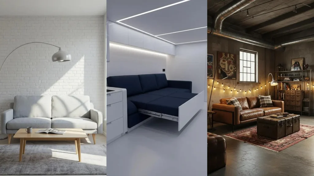 Tres sofás modernos que demuestran la maximización de estilo y espacio, incluyendo un sofá cama azul funcional.