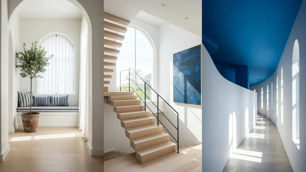 Pasillos de inspiración griega con arcos blanco puro, techo azul intenso, escalera de madera y una planta de olivo.