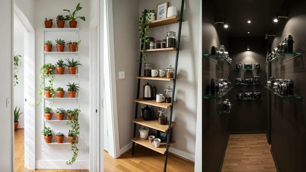 Estantería delgada en pasillo estrecho con plantas en macetas. Ideas de bricolaje para optimizar espacios pequeños.