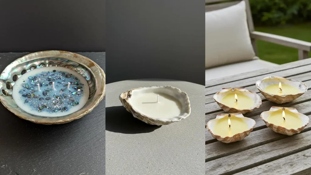 Velas DIY en conchas marinas: una abalone con cera azul brillante y otras con luz cálida para un estilo playero.