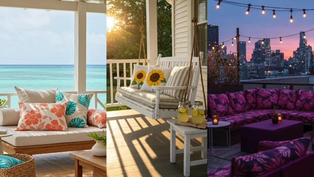 Cojines decorativos DIY con estampados de hojas tropicales y girasoles en diferentes ambientes festivos.