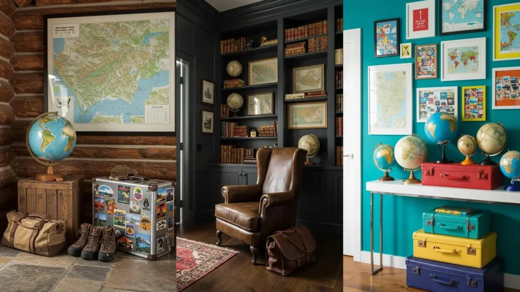 Recibidores viajeros con mapas, maletas vintage y globos terráqueos decorativos en diferentes estilos de decoración.