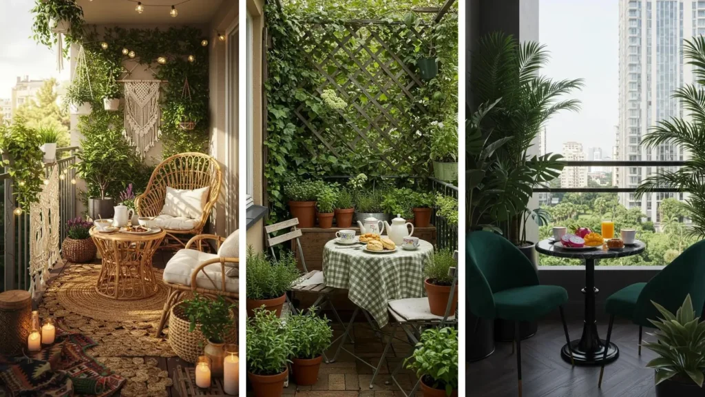 Varios balcones acogedores con mesas redondas pequeñas y desayunos, perfectos para empezar el día.