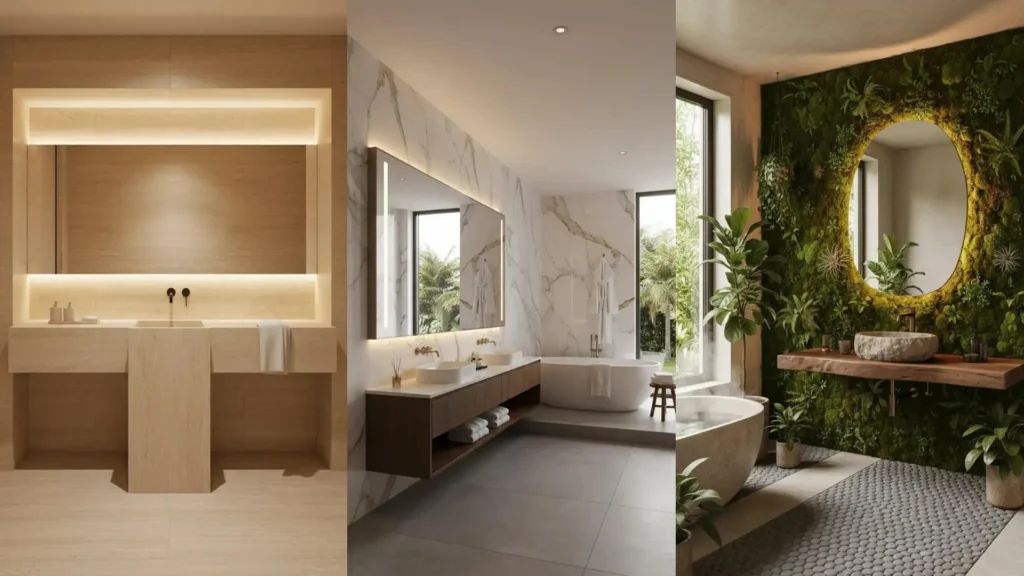 Tres baños modernos con espejos grandes y luz LED, mostrando diseño minimalista, mármol y un muro verde. Más ideas de decoración de baños.