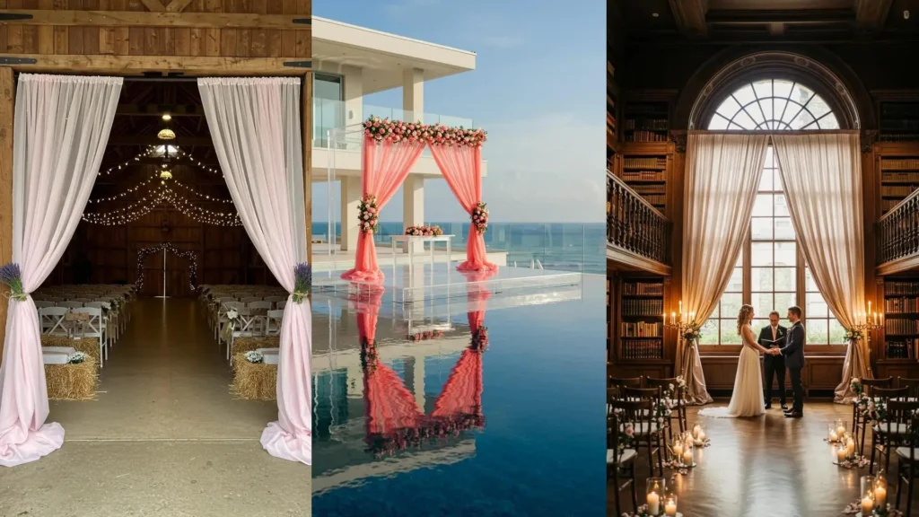 Cortinas de tul rosa en una ceremonia de boda: arco nupcial floral con vista al mar y entrada rústica de granero.