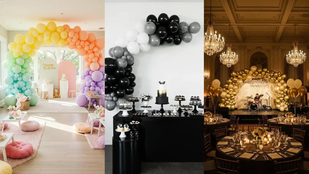 Guirnaldas de globos degradados coloridos para cumpleaños: arcoíris, negro/gris y oro, decoraciones vibrantes.