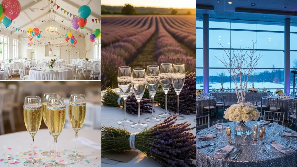 Primer plano de copas de champán personalizadas con glitter y confeti, perfectas para la recepción de boda.