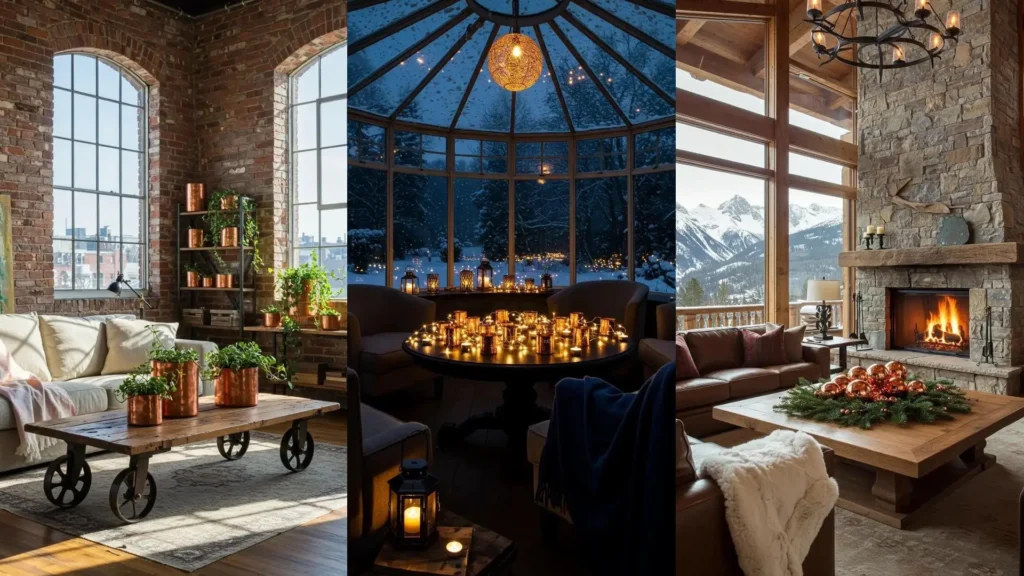 Mesa de centro de madera con manta cálida y adornos de cobre en sala de estar rústica con chimenea.