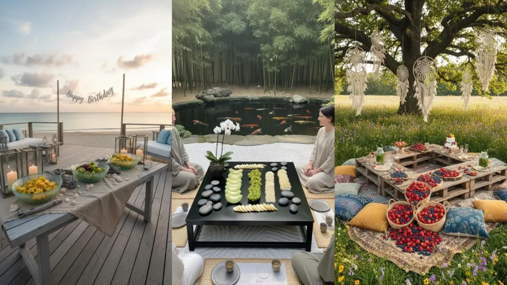 Decoración de cumpleaños veraniego con mesas repletas de frutas frescas como bayas, uvas y melón en entornos naturales.