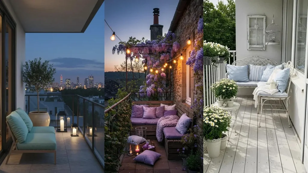 Múltiples balcones románticos decorados con muebles y cojines en tonos pastel para crear rincones acogedores y encantadores.