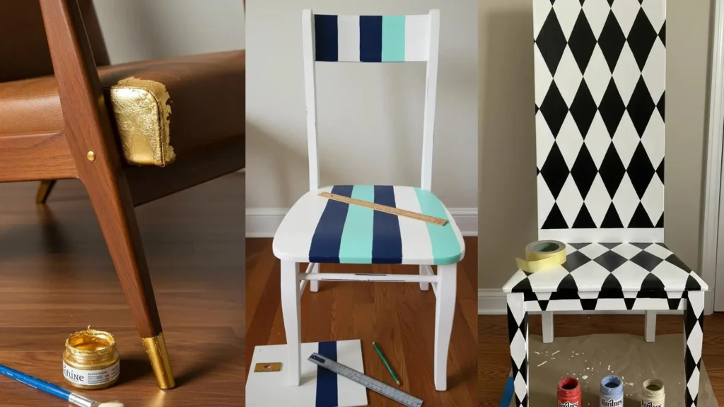 Varias sillas viejas transformadas con pintura creativa: detalles dorados, rayas y rombos, mostrando ideas modernas de bricolaje.